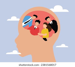 Business people team inside a human head 2D flat vector concept for banner, website, illustration, landing page, flyer, etc