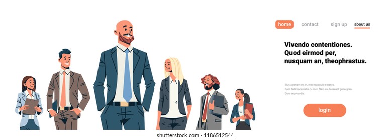 business people team leader businessmen women standing together leadership concept male female cartoon character portrait isolated horizontal banner flat copy space vector illustration