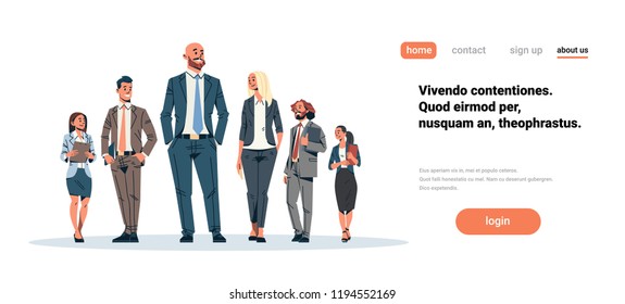 business people team leader businessmen women standing together leadership concept male female cartoon character full length isolated horizontal flat copy space vector illustration