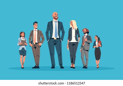 business people team leader leadership concept businessmen women blue background male female cartoon character full length horizontal flat vector illustration