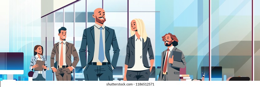 business people team leader leadership concept businessmen women modern office interior male female cartoon character portrait horizontal banner flat vector illustration