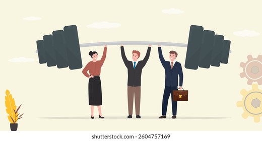 Business people team lifting heavy weight successfully. Teamwork for success, cooperation or collaboration to achieve strength, help or togetherness for business solution. Colleagues working together.