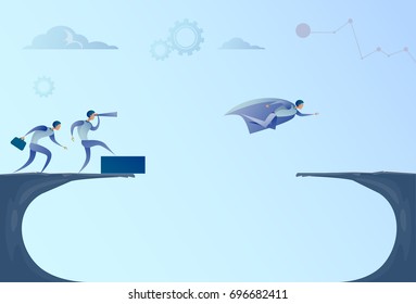 Business People Team Looking With Binocular On Businessman Leader Flying Over Gap Success Concept Vector Illustration