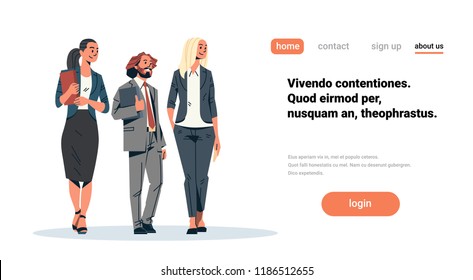 business people team looking something businessman women standing together holding folder teamwork concept male female cartoon character full length isolated horizontal flat copy space vector