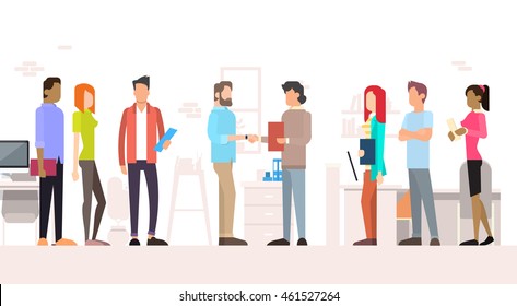 Business People Team Managers Shake Hand Office Interior Flat Vector Illustration