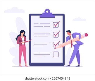 Business people team mark checklist with pen. Flat vector illustration for task management, to do list clipboard, productivity, teamwork, goal setting, surveys, tasks, and project planning concepts.