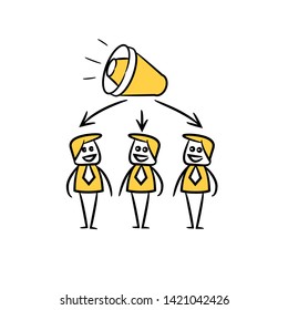 business people team and megaphone in yellow doodle stick figure