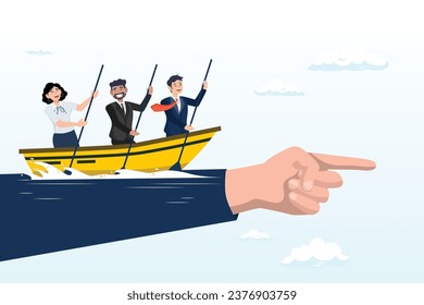 Business people team members sailing ship on boss pointing direction, team direction, business decision or leadership, guidance or strategy to achieve success, determination and inspiration (Vector)