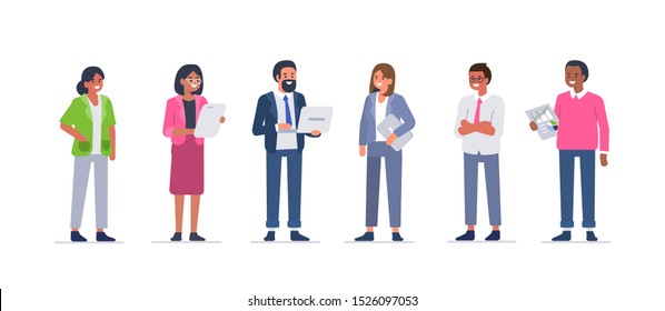 Business People Team on Meeting. Businessman and Businesswoman Standing Together. Male and Female Characters Working in Office. Happy People at Work. Flat Cartoon Vector Illustration.