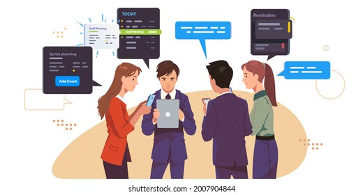 Business people team planning events, setting reminders time online, scheduling appointments, meetings, organizing day using mobile phone planner app. Schedule planner concept flat vector illustration