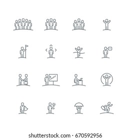 Business people team, presentation, success and leadership related line icon collection. Vector illustration set.