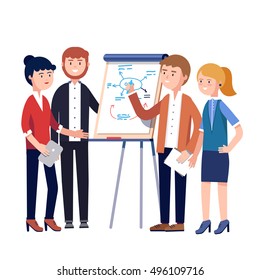 Business people team project strategy planning meeting. Businessman showing and explaining to his colleagues plan diagram sketch drawn by a marker on a white board. Flat style vector illustration.