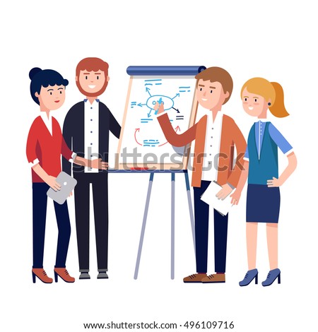 Business people team project strategy planning meeting. Businessman showing and explaining to his colleagues plan diagram sketch drawn by a marker on a white board. Flat style vector illustration.
