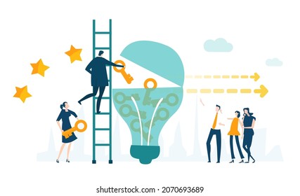 Business people, team put golden keys inside of big light bulb. Working together, find best solution concept illustration 