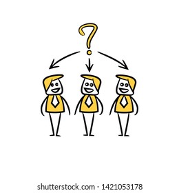 business people team and question mark in yellow doodle stick figure