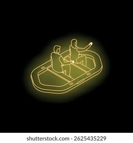 Business people team sailing in inflatable boat neon sign on black background
