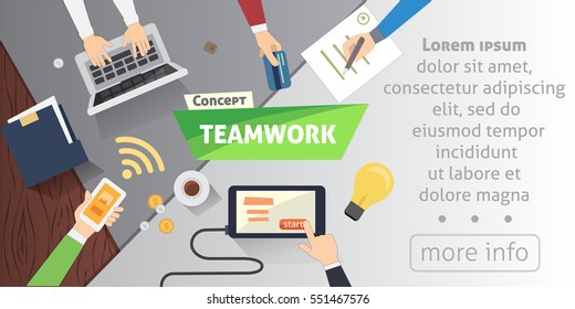 Business people team scene Teamwork in modern office. Group of businessman working in table. Flat design style vector illustration