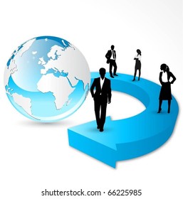 business people team standing on arrow with globe