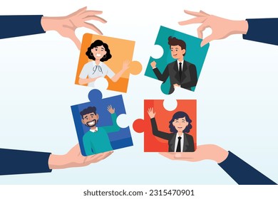 Business people team succeed solve jigsaw puzzle, collaboration work together to solve problem, teamwork together to achieve success, connected people, community help finding solution concept (Vector)