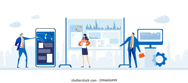 Business people, team of successful people talking, negotiating the deal, demonstrating positive growth and result. Business concept illustration