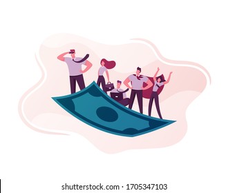 Business People Team Travel on Flying Money Carpet. Businessman in Superhero Cloak, Manager Working on Laptop. Financial Success, Teamwork Direction, Goal Achievement. Cartoon Vector Illustration