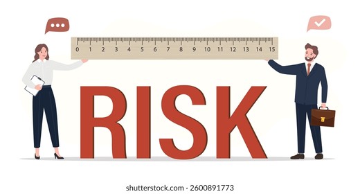 Business people team uses big ruler for measuring financial risk. Big letters - RISK. Business strategy, planning. Risk management, protection from bankruptcy, horizontal banner. vector illustration