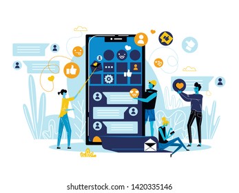 Business People Team Work at Huge Smartphone with App Icons on Screen. Designers Create Application for Mobile, Busy Working Process, Cooperation, Coworking, Teamwork Cartoon Flat Vector Illustration.