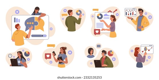 Business people. Team work. Success corporate persons. Job collaboration. Online teamwork. Workers showing infographics at whiteboard. Office employees set. Vector tidy flat concept