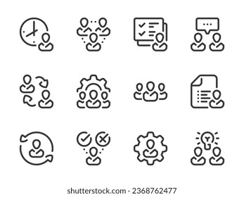 Business People and Team Work vector line icons. Staff and Employees outline icon set. Business Conversation, Workflow, Cooperation, Management and more.