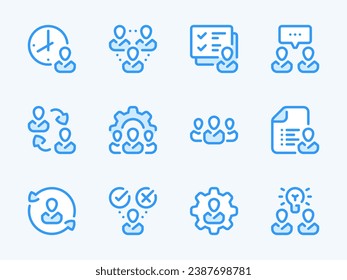 Iconos de línea vectorial de Business People y Team Work. Conjunto de iconos de esquema Personal y Empleados. Conversación empresarial, flujo de trabajo, cooperación, administración y más.