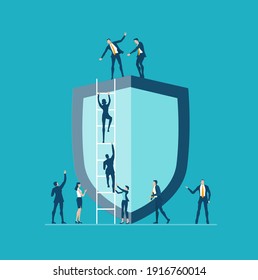 Business people, team working around the shield in order to achieve, open new perspectives. Personal security, data protection business concept illustration 