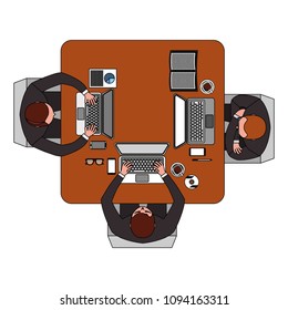 business people team working at computers sit at desk with top view