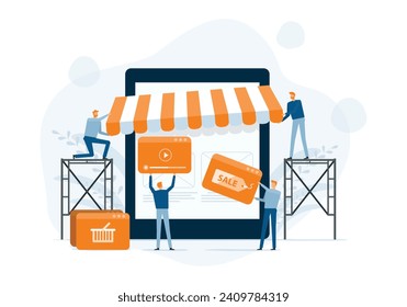 business people team working developer and designer team create an online store shop concept. partnership collaboration. flat vector illustration cartoon character design