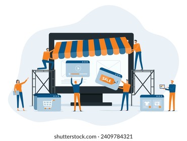 el equipo de gente de negocios, el desarrollador de trabajo y el equipo de diseñadores crean un concepto de tienda online. colaboración en asociación. diseño de caricatura de ilustración de vector plano