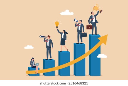 Business people team working on improve bar graph. business development plan for improvement, teamwork help growing revenue, growth and achievement, team strategy for business success concept.