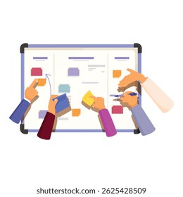 Equipe de empresários trabalhando e planejando projeto usando o método ágil scrum com quadro kanban no quadro branco no escritório