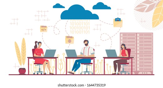 Business People Team Working In Saas System Connected With Main Cloud. Datacenter Server Room. Mail Exchange Online. Modern Technology, Service And Automation Tool For Management. Vector Illustration