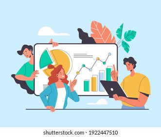Business people team working together and development project. Business chart activity analytics brainstorming concept. Vector cartoon flat graphic design illustration