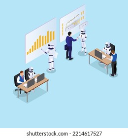 Business people teaming up with robot to do stock or crypto trading isometric 3d vector illustration concept for banner, website, illustration, landing page, flyer, etc.