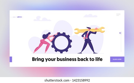 Business People Teamwork Characters. Businessman with Wrench and Woman with Cogwheel. Technical Support Service Concept. Mechanic Manager Employee. Vector flat illustration