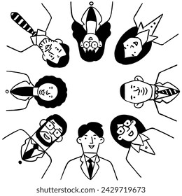 Business people teamwork in circle, low angle view. Cute character illustration doodle style, diversity; multiethnic. Outline, thin line art, hand drawn sketch designe. 