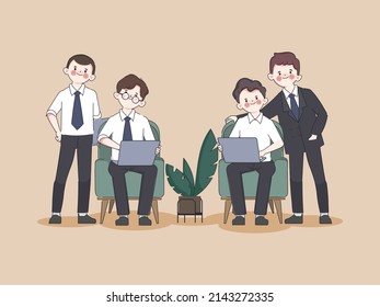 Business people teamwork with colleagues in office. Doodle cartoon hand drawn character.