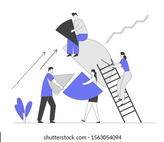 Business People Teamwork Cooperation and Partnership Concept. Businesspeople Characters Set Up Huge Pie Chart Pieces in Whole Construction. Team Work Metaphor. Flat Vector Illustration Line Art