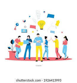 Business people teamwork, coworkers, innovative business approach flat vector illustration for mobile and web graphics. Professional office people working concept