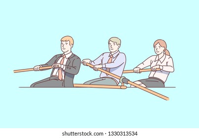 Business people teamwork creative concept. Business man & woman successful team work together rowing in tandem boat. Leadership success in worker cooperation. Flat line vector character illustration