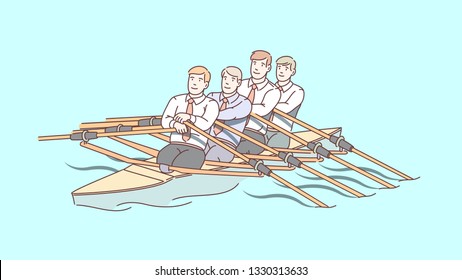 Business people teamwork creative concept. Business man & woman successful team work together rowing in tandem boat. Leadership success in worker cooperation. Flat line vector character illustration