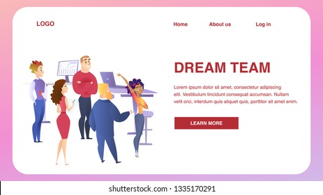 Business People Teamwork Creative Group Communication. Corporate Team on Working Place Background. Horizontal Rectangle Banner, Copy Space. Dream Team Inscription. Flat Cartoon Vector Illustration