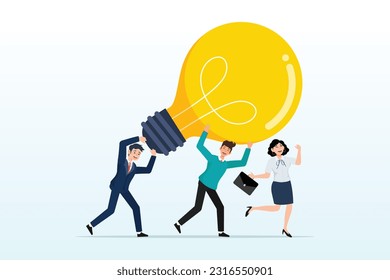 Business people teamwork help carry big smart light bulb innovation idea, innovation idea to drive team success, business innovative solution, invention help company achieve goal concept (Vector)