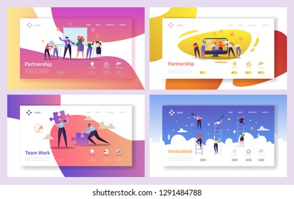 Business People Teamwork Innovation Landing Page Set. Creative Character Team Partnership to Increase Company Success Growth. Businessman Partner Concept for Web Page. Flat Cartoon Vector Illustration