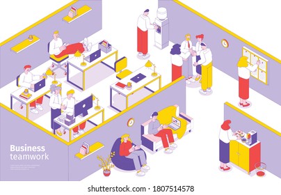 Business People Teamwork Isometric Composition With Task Planning Collaboration Brainstorming Office Lounge Break Room Vector Illustration 